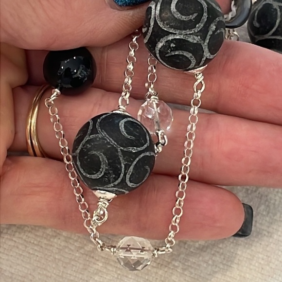 Sterling silver natural stone station large lobster clasp etched carved stone - Picture 1 of 9